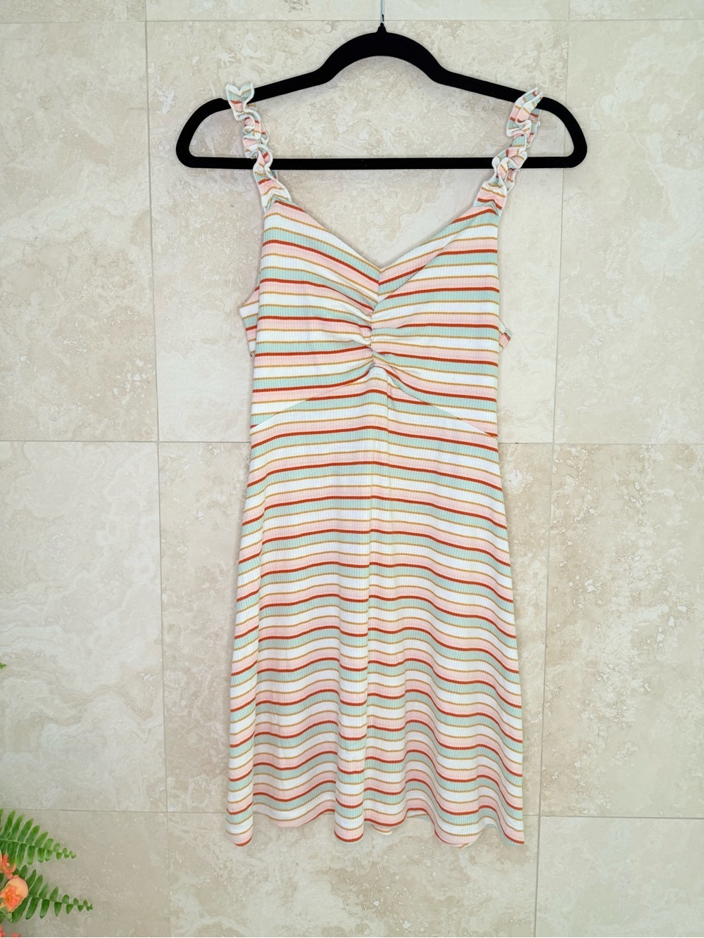Altar’d State Striped Rib Knit Ruffle Strap Ruched Sundress Small